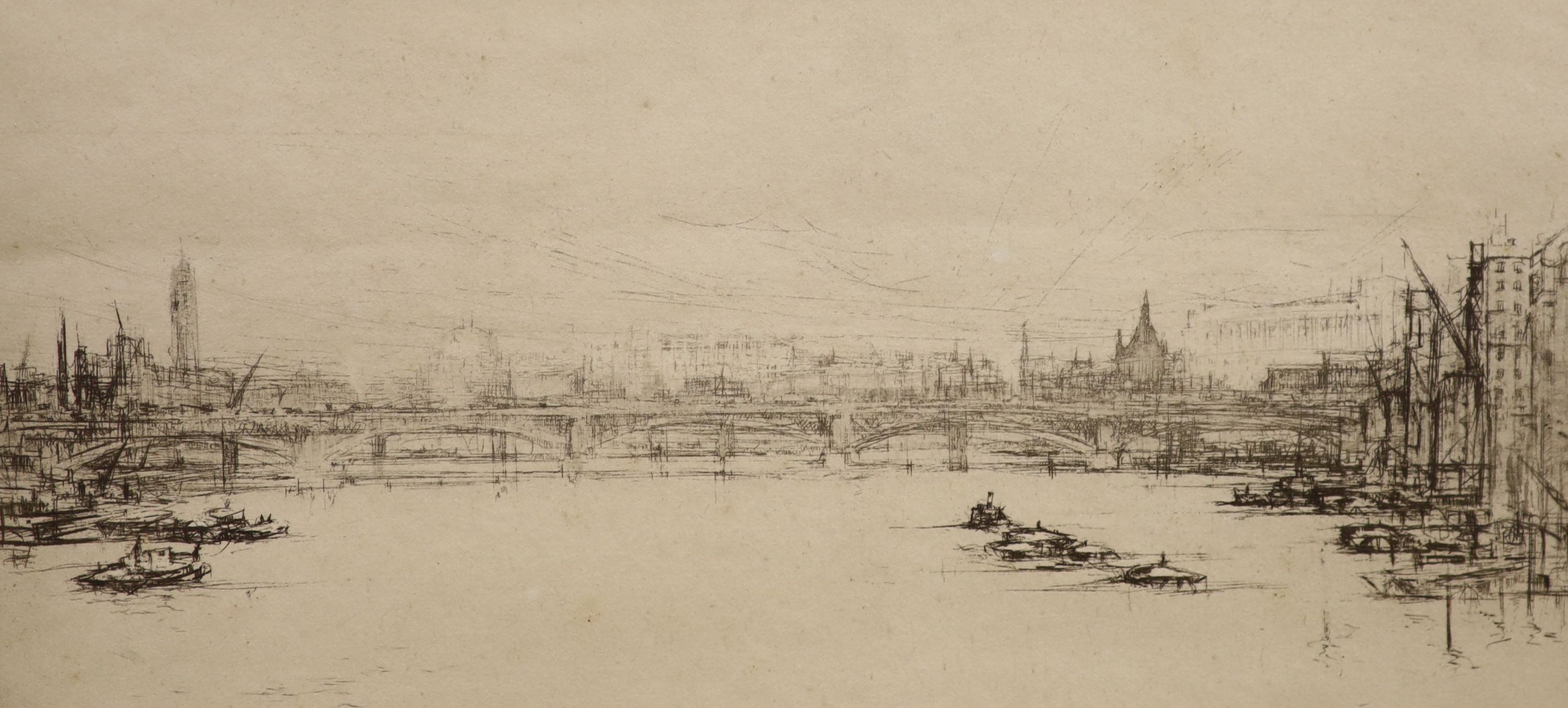 William Walcot (1874-1943), two black and white etchings, “Corner of Berkeley Square distant view of the Ritz” c1933 and “ The Thames from Southwark Bridge” c1932 , signed in pencil, 15 x 29cm and 14 x 22cm, one unframed